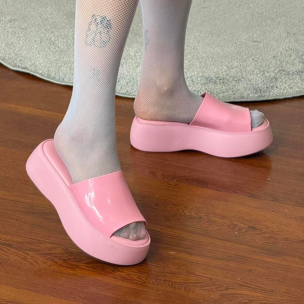 NEW melissa Becky pink platform slide sandals ✧ glossy rubber flatform slides